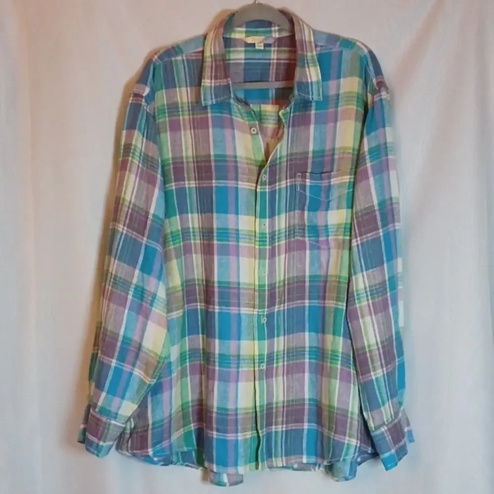 Boden Men's Linen Pastel Color Long Sleeve Plaid Shirt. Size XXL. - Picture 2 of 9